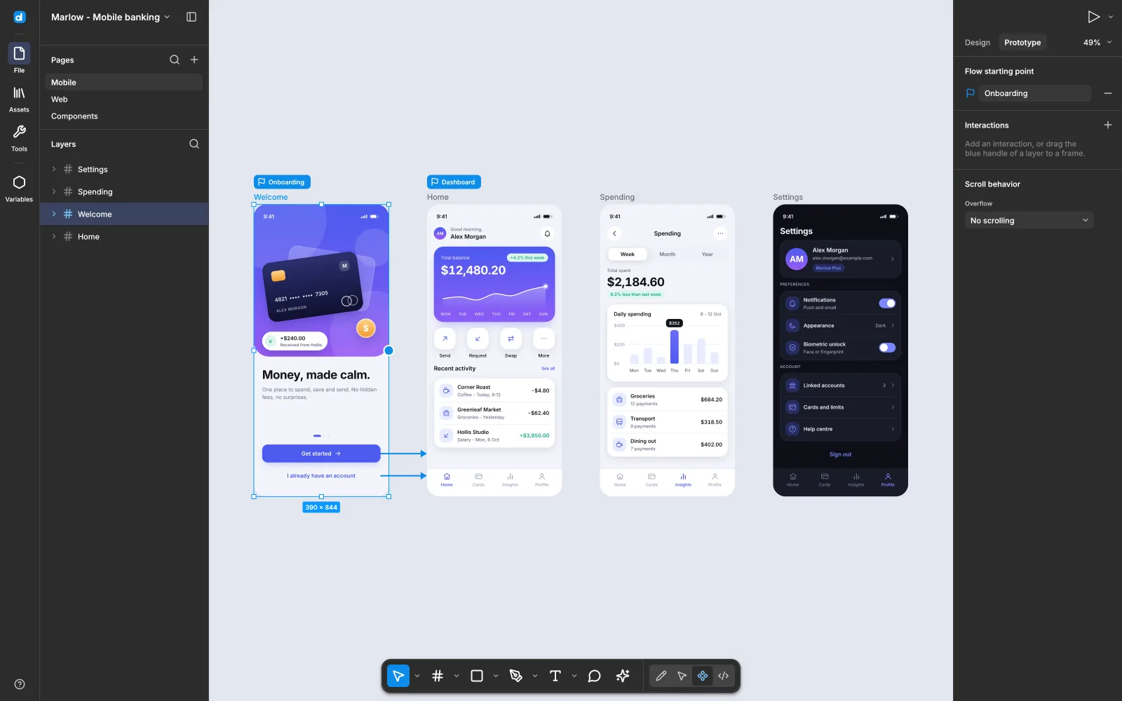 Prototype tab: the Welcome frame with connectors leading to the Home screen and flow start chips